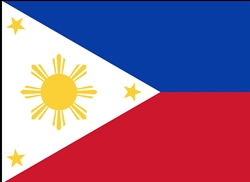 [ai] The flag of the Philippines featuring a horizontal tricolor design of blue, red, and white. The white triangle contains a yellow sun with eight rays and three yellow stars, one in each corner of the triangle.